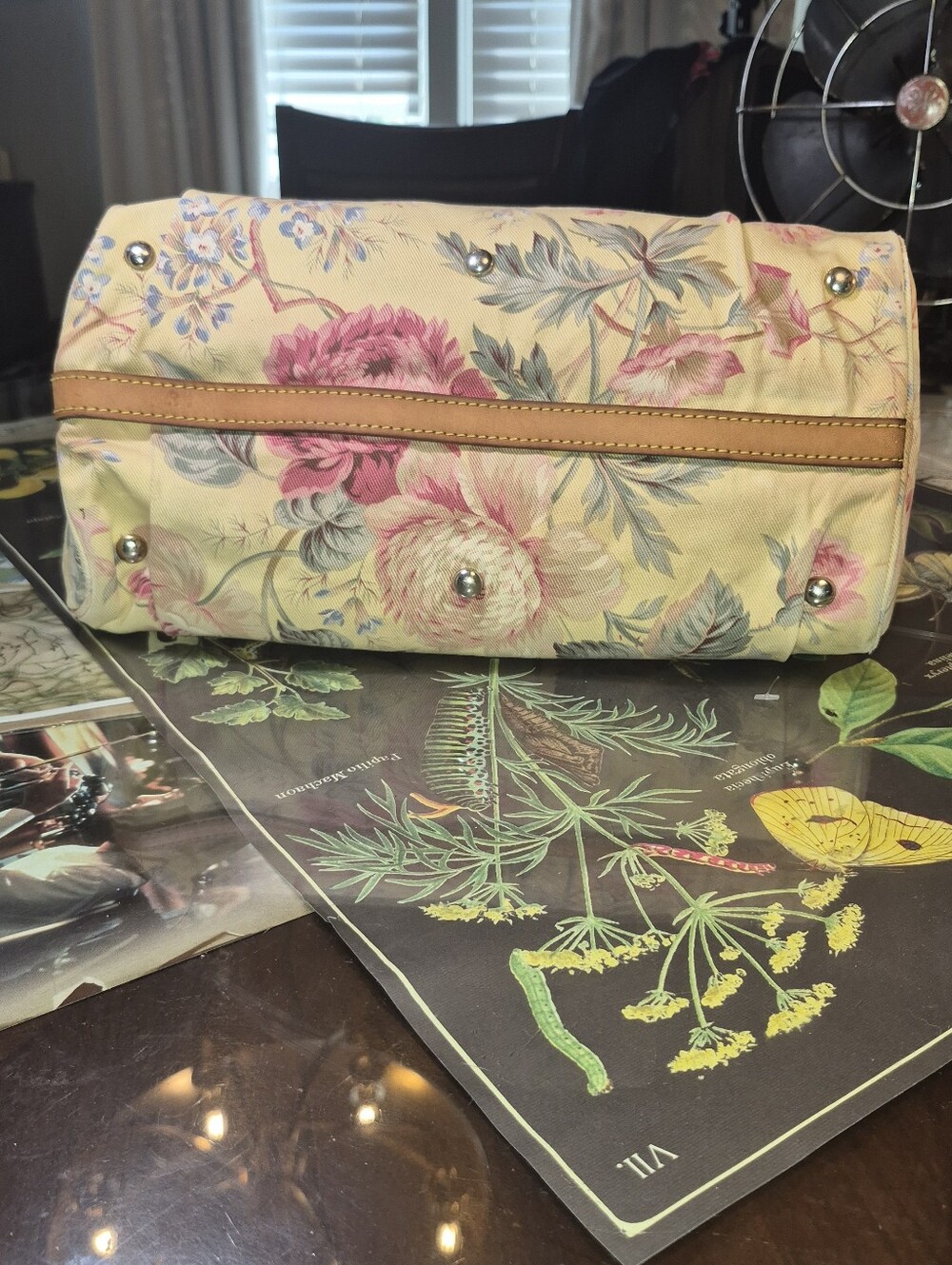 VINTAGE Ralph Lauren Pink Floral Canvas Tote with Brown Leather Handles - Picture 3 of 15